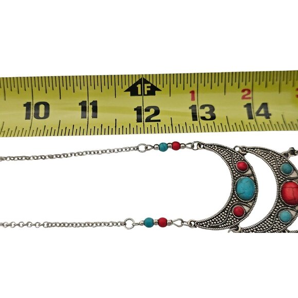 Bohemian Silver-Tone Crescent Pendant Necklace Turquoise & Red Beads 18" READ - Picture 5 of 6